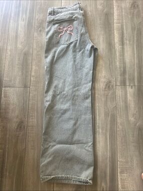 Edikted Light Blue Wide Leg Jeans with Pink Bow Pocket